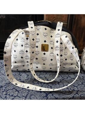 MCM Visetos Monogram Boston Bag / Satchel - White & Black